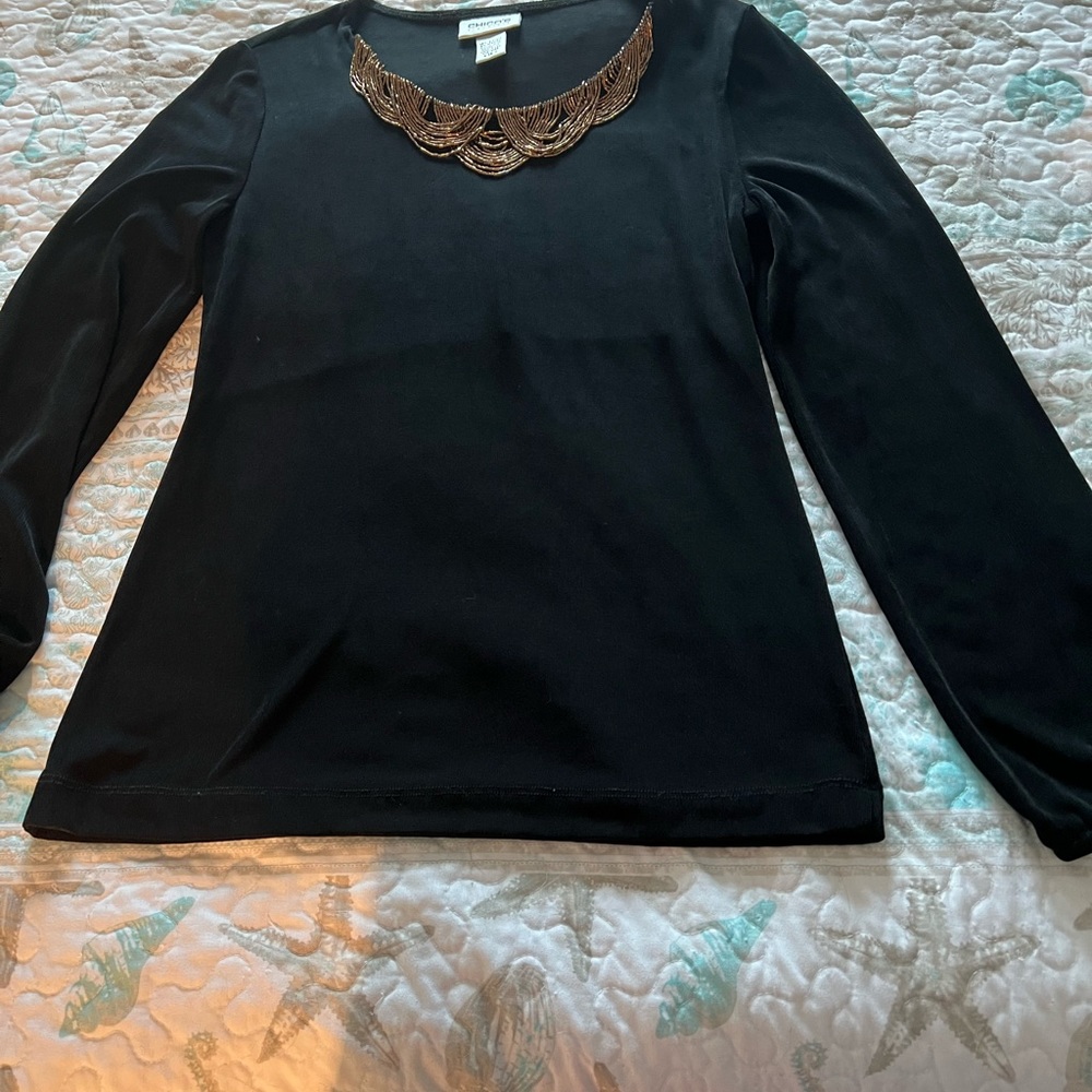 CHICO’s Travelers Beaded Neck Black Long Sleeve Blouse size 0 (s)